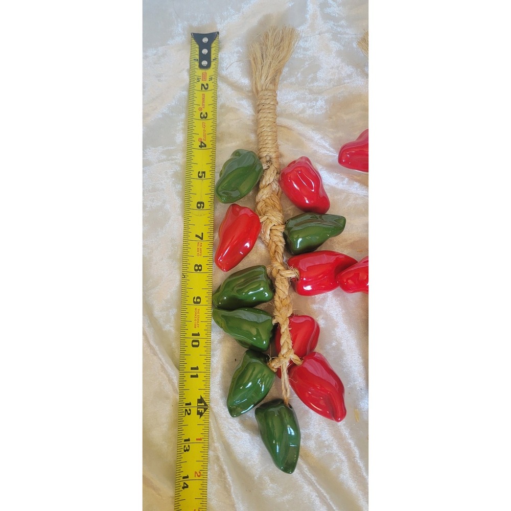 Vtg Ceramic Chili Pepper Ristra Set Jute Rope Red Green Southwestern Kitchen 13" - Picture 6 of 6